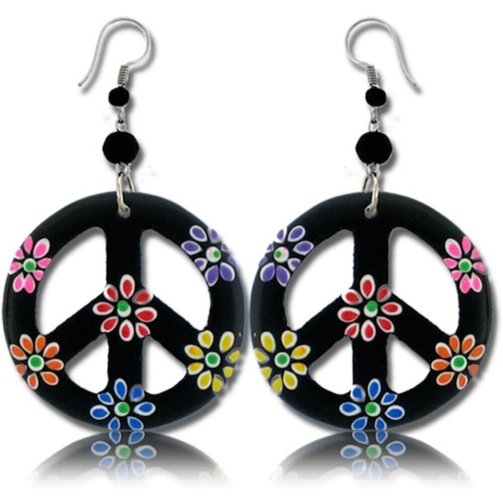 Wood Peace Sign Dangle Earrings Boho Hippie Festival Jewelry for Women